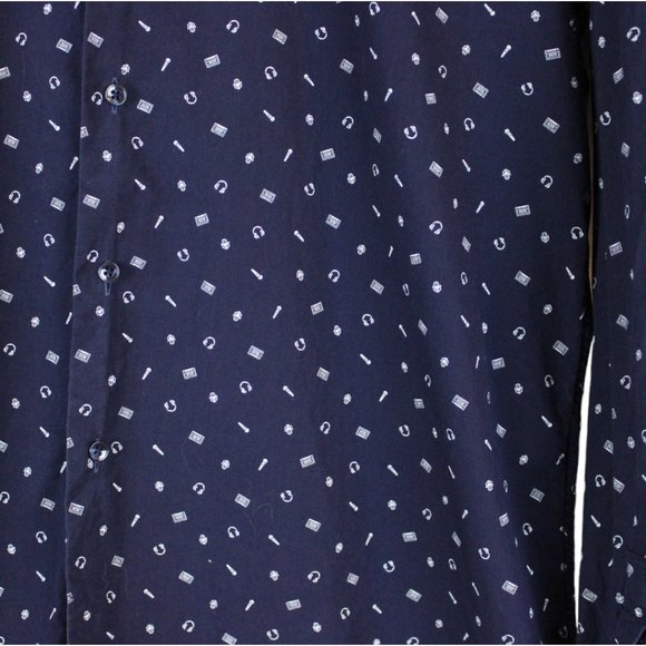 Zara Men Button Down Shirt XL Headphones Print Navy Blue Music Lover CA282 - Picture 4 of 6